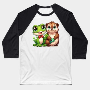 Friendly Frog & Otter Duo: Adorable Animal Friends Design Baseball T-Shirt